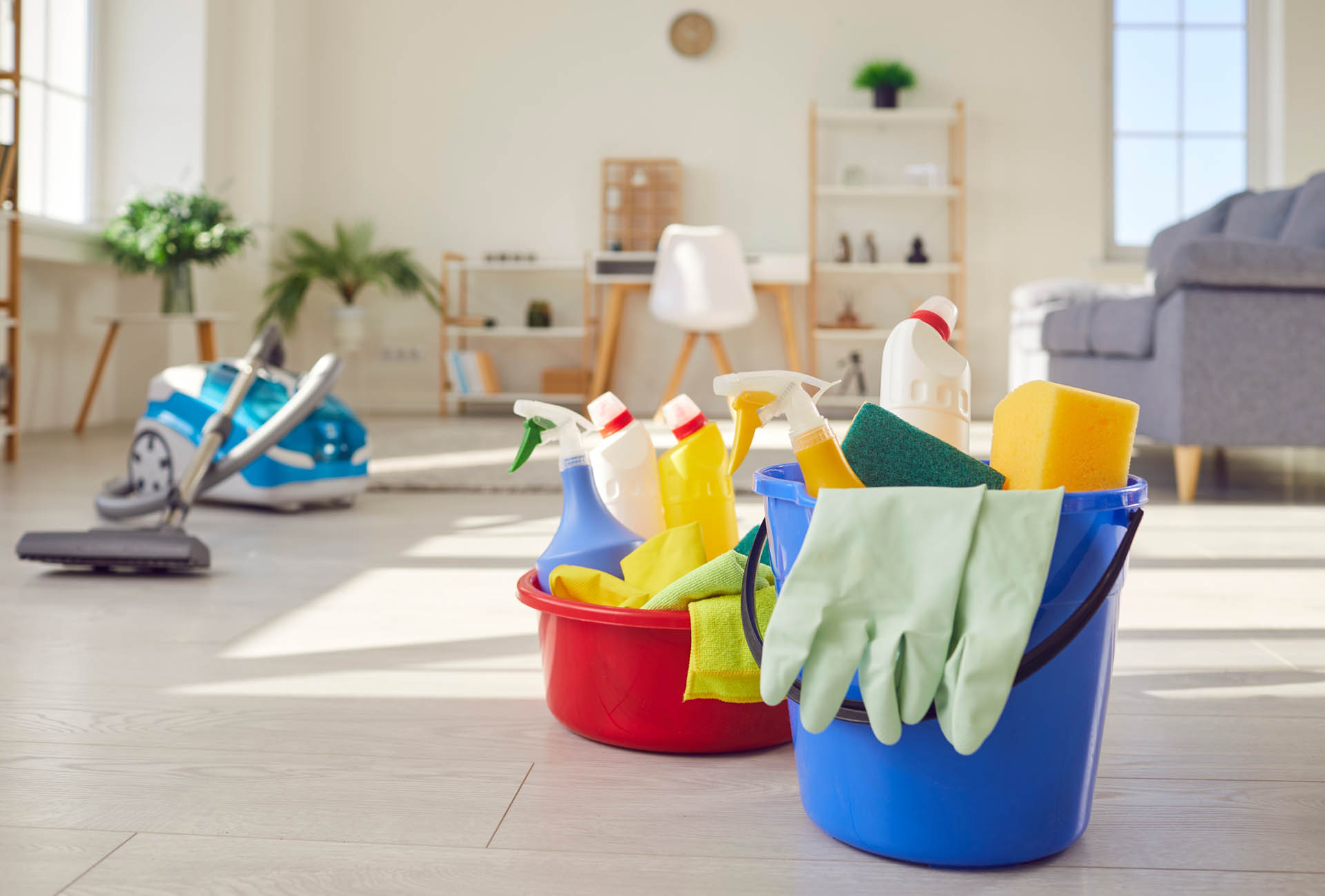 Housework equipment. Blue plastic bucket and red basin filled with yellow white detergent bottles, rubber gloves, sponges and other cleaning tools, on floor at home, with vacuum cleaner in background